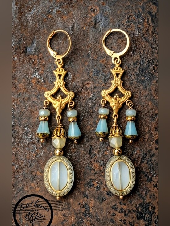 Victorian Jewelry - Victorian Aqua Blue Glass In Gold Plated Chandelier Art Deco Earrings